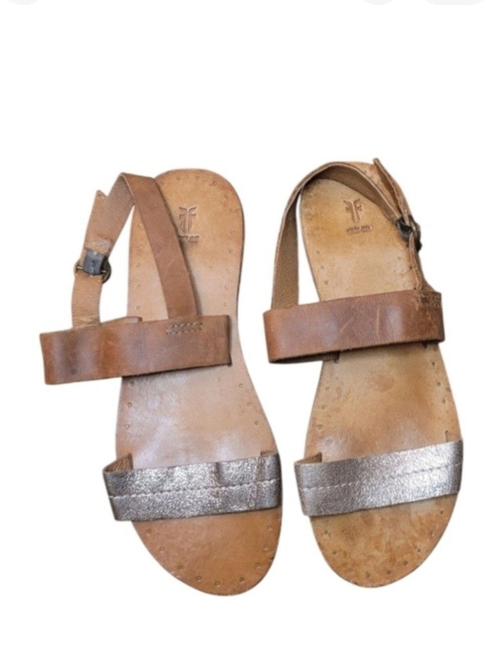 Frye Ally 2 Band Metallic Bronze Leather Ankle Strap Sandals Size 9.5
